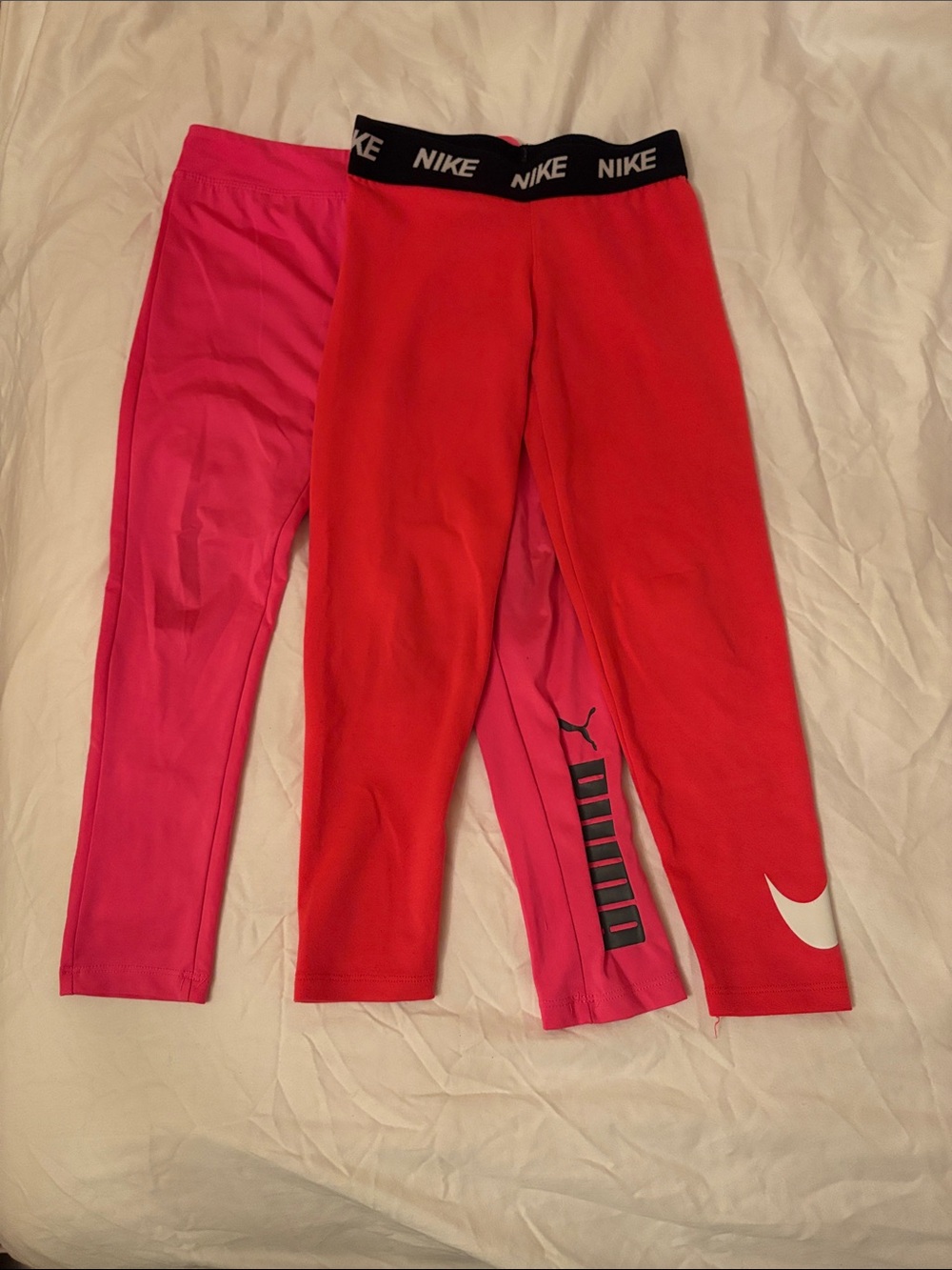 Bundle 2 pk Nike and Puma Girls Bright Pink Athletic Leggings sz 6-6/7